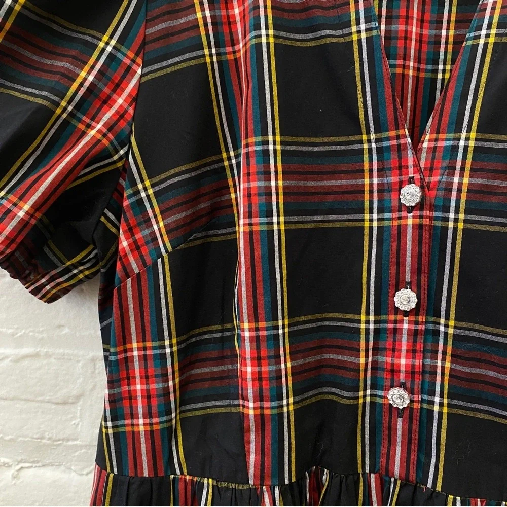 J.Crew || Stewart Tartan Puff-Sleeve Midi Dress With Jeweled Buttons Black 14‎